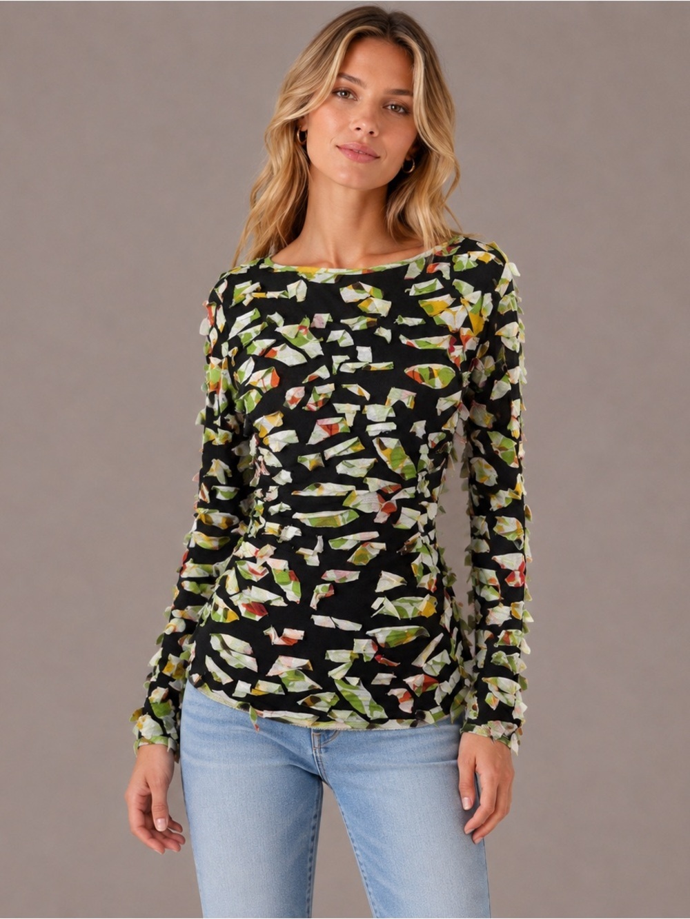 SnoSkins Black Textured 3/4 Sleeve Top Art to Wear Geo Embellished Artsy Size L